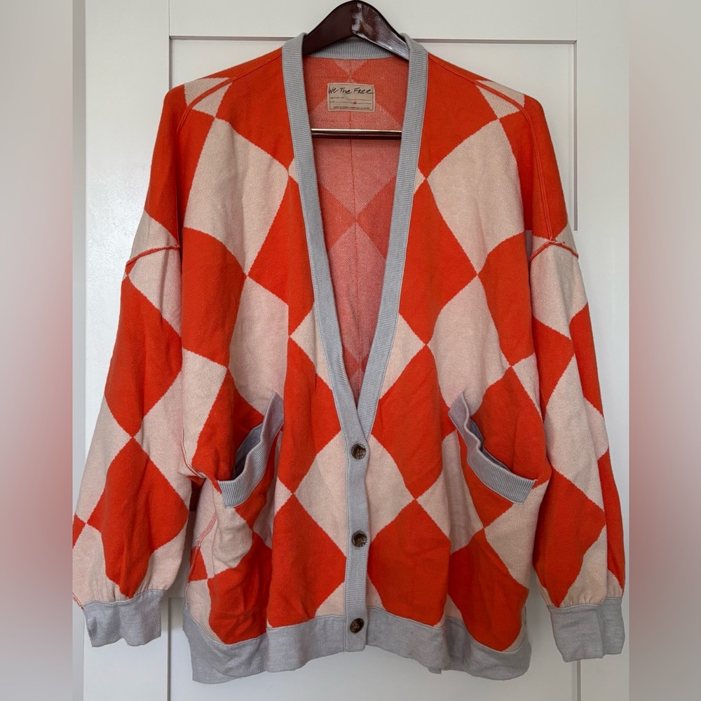 FREE People WetheFree Y2K Manny Checkered Oversized Cardigan PreLoved Orange MED